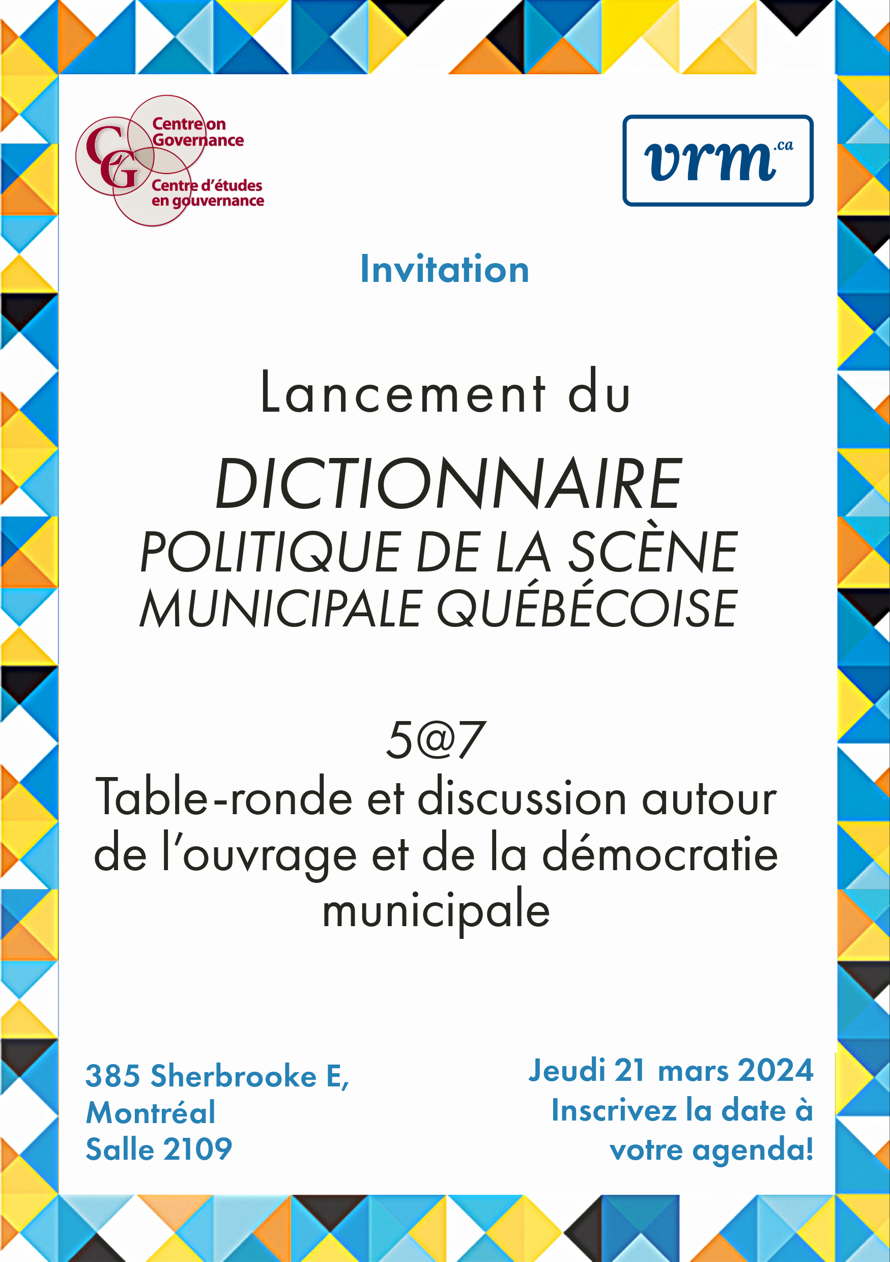 Affiche du lancement de l'ouvrage « Dictionnaire politique de la scène municipale québécoise »